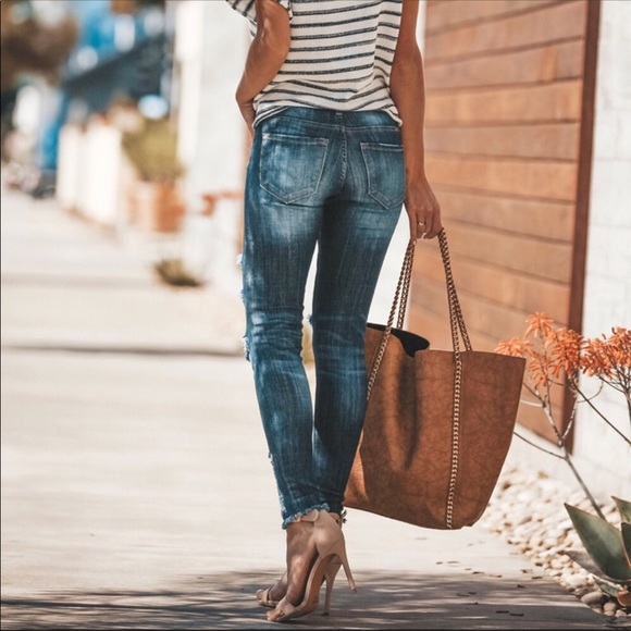 NEW! Distressed Medium Wash Denim, Frayed Ankle - Picture 5 of 8